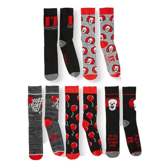 IT The Movie Mens Clowns Horror Film Halloween 5 Pair CREW SOCKS SIZE 8-12 - Picture 1 of 7